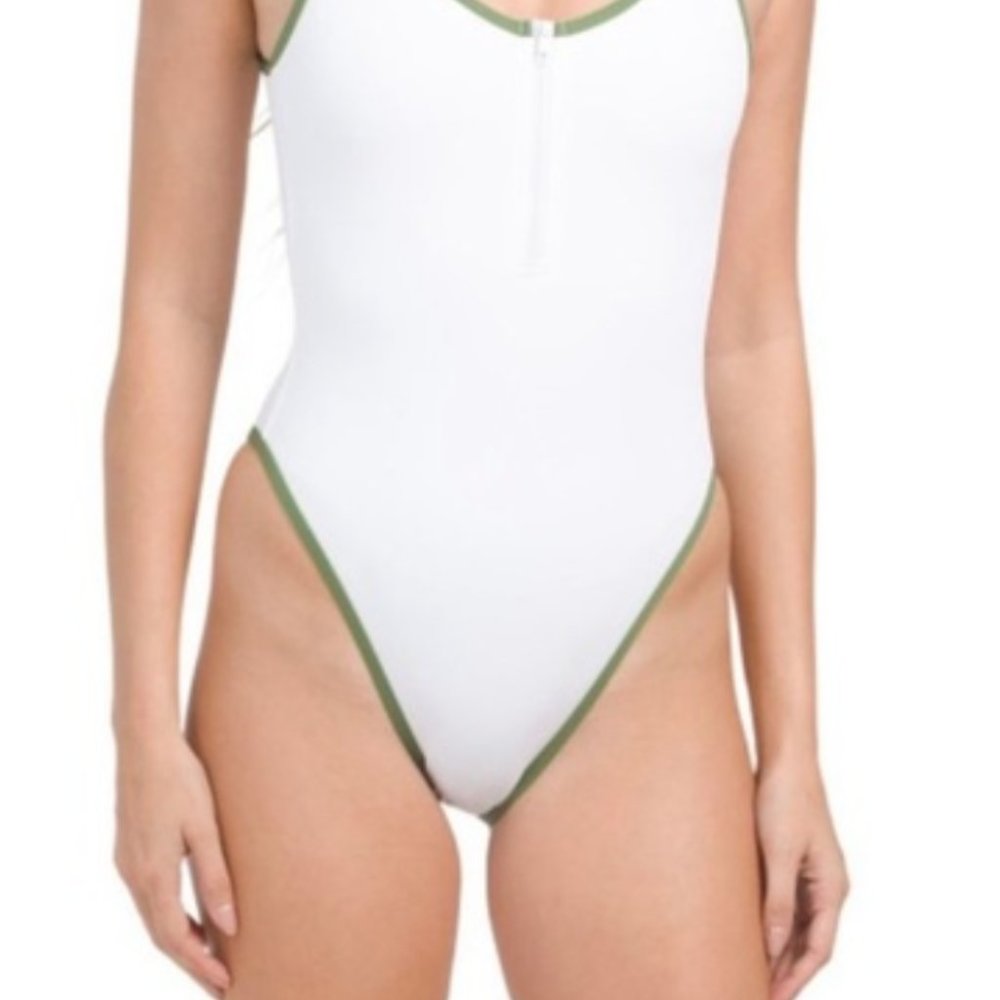 WEWOREWHAT Optic White with Green Zip Front One Piece